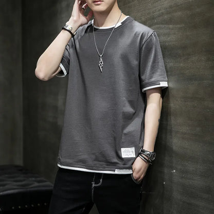 Classic Fake Two Short Sleeved Men's Pure Cotton T-shirt, Men's Summer Men's Interior Matching Trendy Brand T-shirt