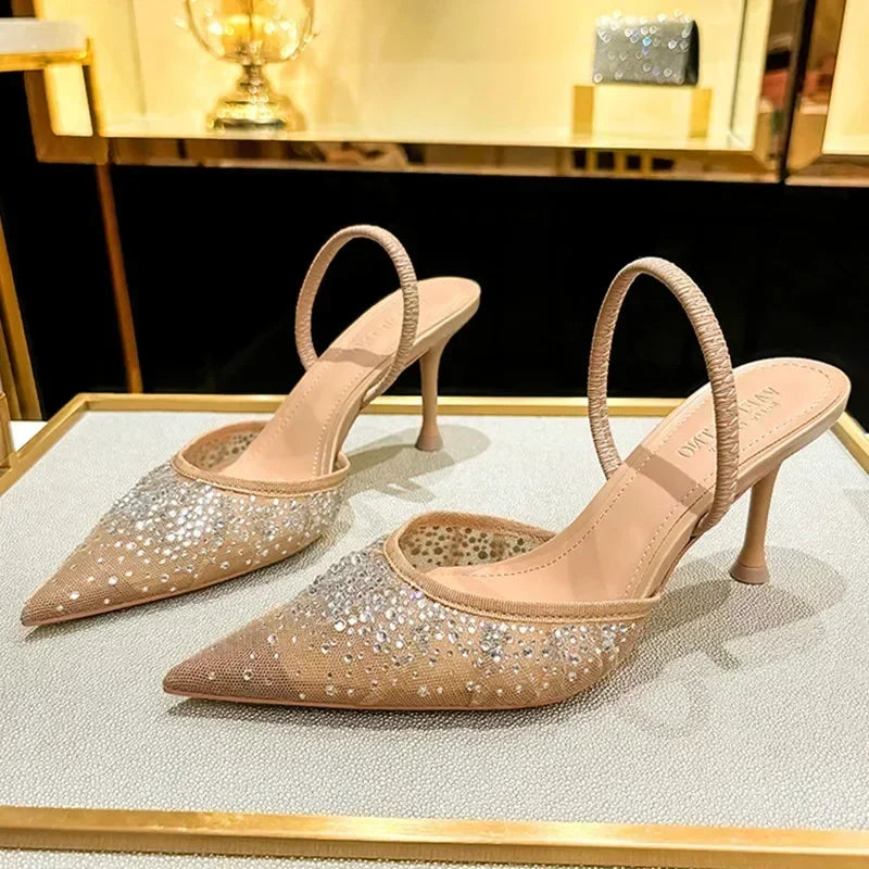 Luxury Designer Shiny Rhinestone High Heels Shoes for Women Summer Sexy Pointed Toe Pumps Elegant Slingbacks Heeled Sandals