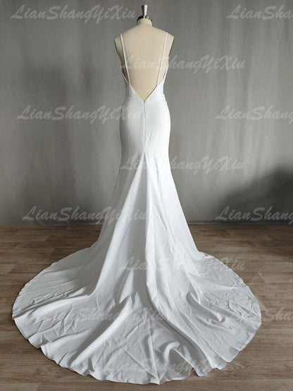 Customized Modern Simple Satin Wedding Dress V-neck Spaghetti Straps Backless Formal Pleated Bridal Growns vestidos Sweep Train