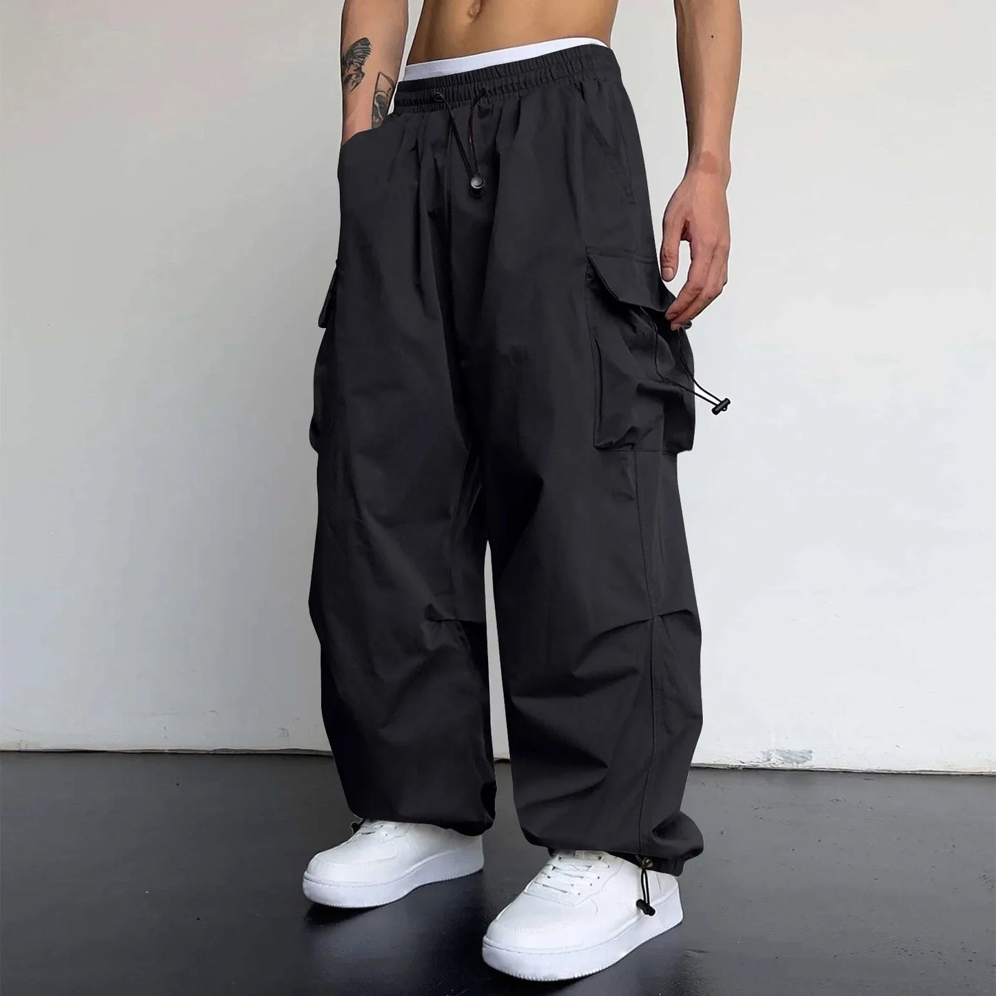 Cool Streetwear Versatile Quicky Drying Wide Leg Low Waist Drawstring Cargo Trousers Fashion Daily Casual Pockets Pants For Male