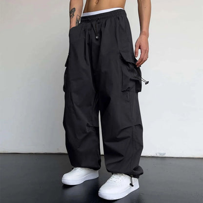Cool Streetwear Versatile Quicky Drying Wide Leg Low Waist Drawstring Cargo Trousers Fashion Daily Casual Pockets Pants For Male