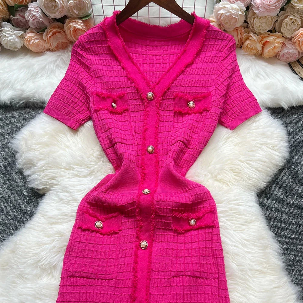 Fashion Sexy Package Hips Knitted Dress Women V-neck Single-breasted Bodycon Sweater Dress Office Lady Vestidos
