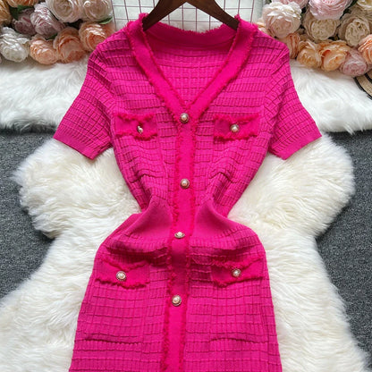 Fashion Sexy Package Hips Knitted Dress Women V-neck Single-breasted Bodycon Sweater Dress Office Lady Vestidos
