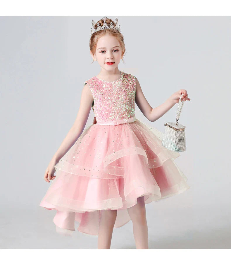 Summer Sequin Lace Tuxedo Wedding Dress for girls 3-13 years old Sleeveless fluffy Mesh gauze Doveark brand