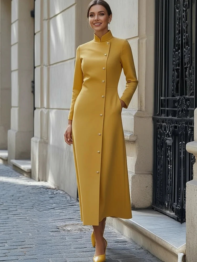 Freeacy Women's Yellow Mandarin Collar Diagonal Long Sleeve Buttoned Maxi Dress for Wedding Guest 2026 Luxury Office Dress