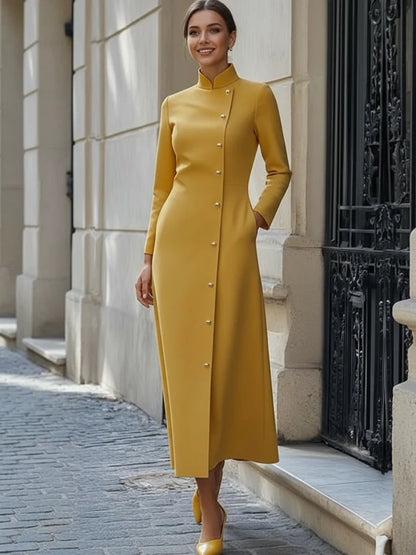 Freeacy Women's Yellow Mandarin Collar Diagonal Long Sleeve Buttoned Maxi Dress for Wedding Guest 2026 Luxury Office Dress
