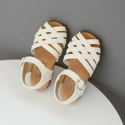 2026 Cross-tied Summer Girls Beach Shoes Classic Black White Pink Roman Sandals Cut-outs Kids Girl Sandals for Children H05144