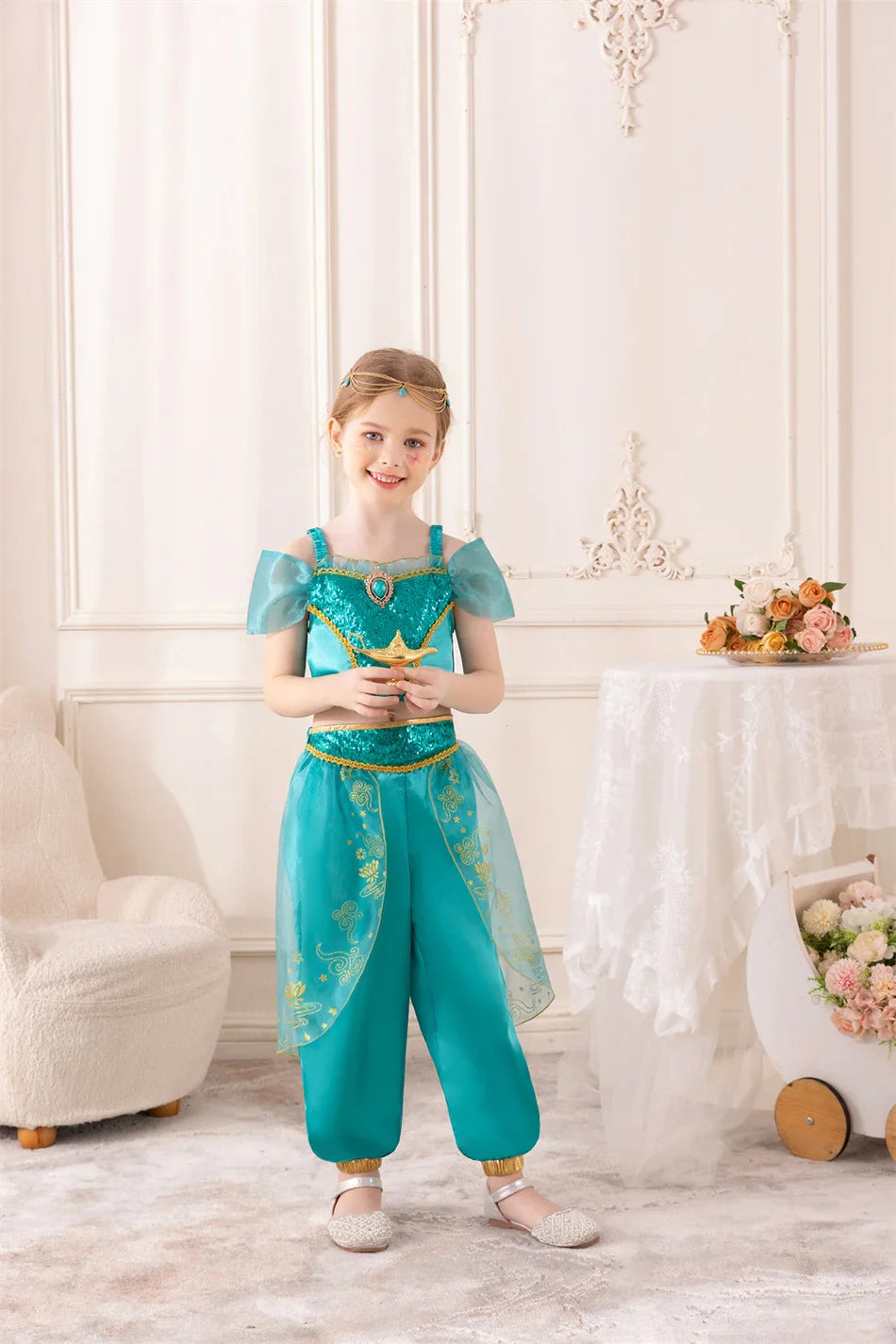 Aladdin Princess Girl Dress Jasmine Two-piece Set Kids Film Role Play Costume Halloween Party Clothes Children Birthday Gift