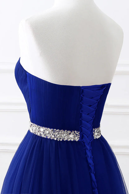 A-line Strapless Tulle Royal Blue Evening Dresses Lace Up Crystal Sequin Formal Party For Bride Sexy Prom Gown Wedding Party