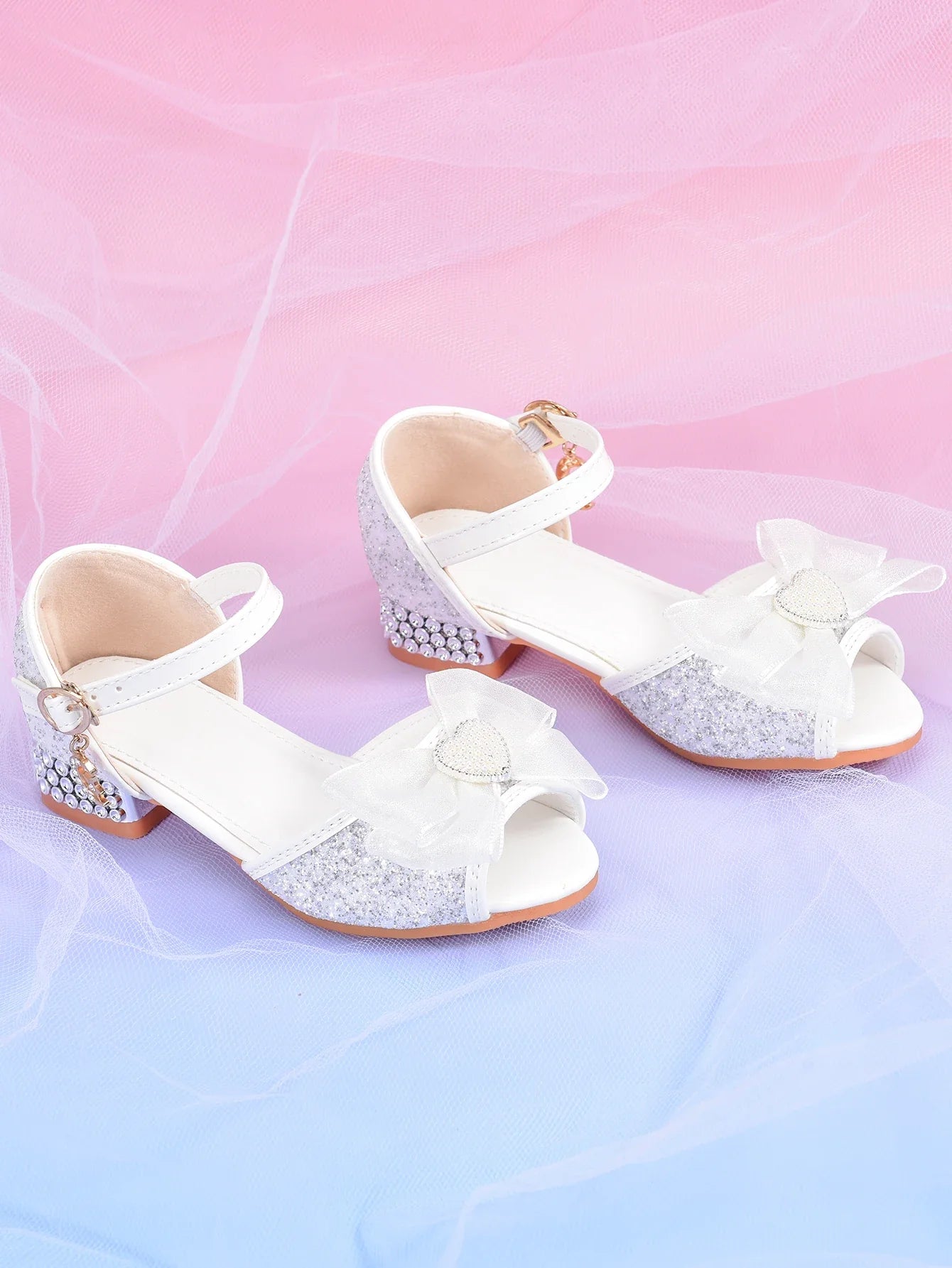 Girls' Crystal Heel Bowknot Dress Sandals, White Sparkly Princess Party Shoes For Children