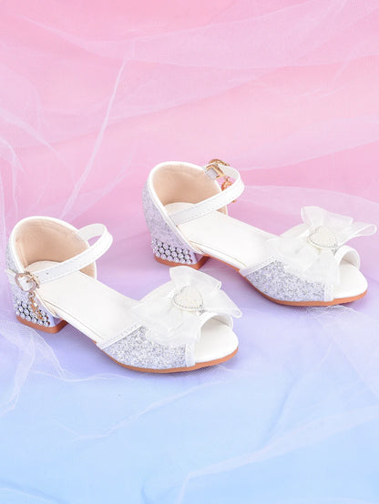 Girls' Crystal Heel Bowknot Dress Sandals, White Sparkly Princess Party Shoes For Children