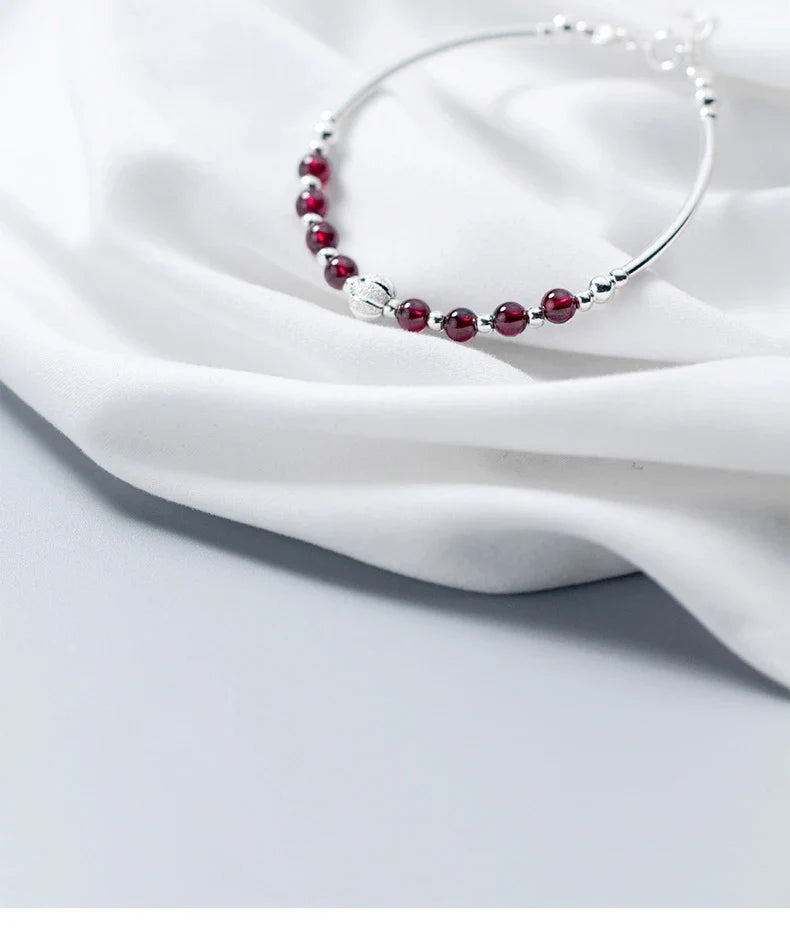 Natural Garnet Little Balls Sterling Silver 925 Bracelet for Women Link Chain Bracelet Ethnic Style Original Fine Jewelry