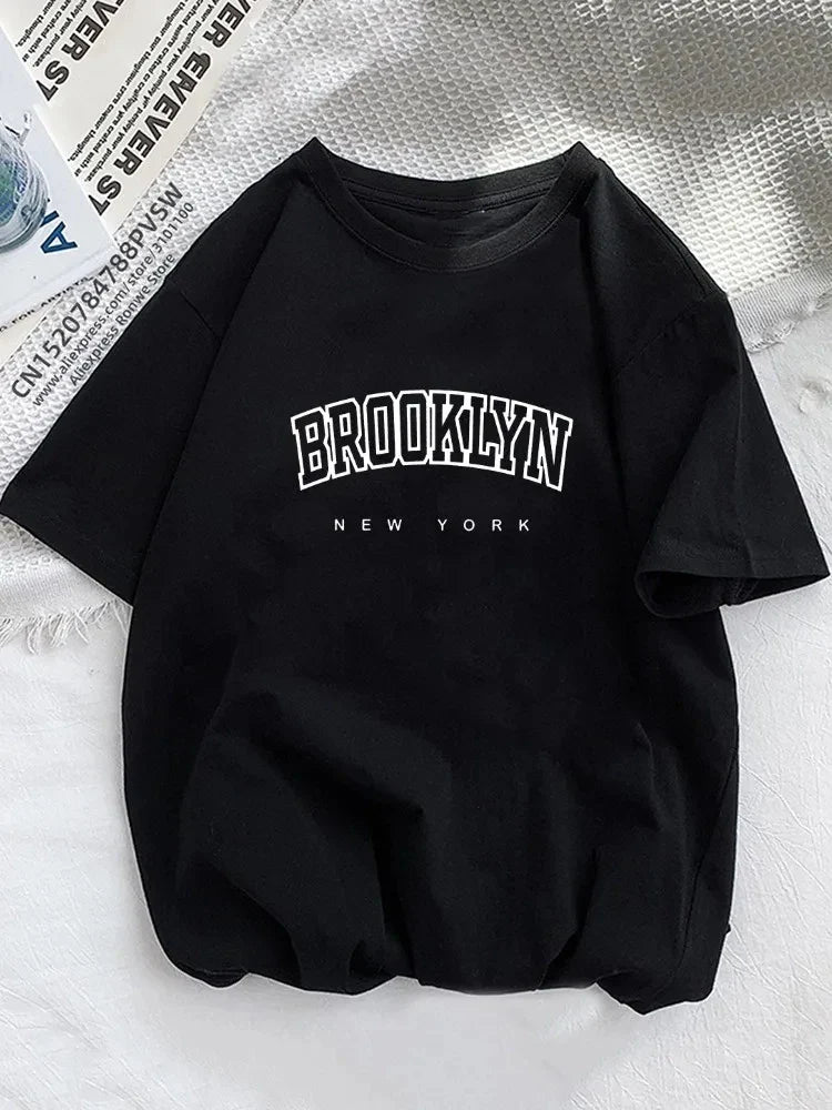 Women's Casual Sports T-shirt Top Brooklyn New York Print Stretchy Round Neck Breathable Fabric Short Sleeve Fitness Tee Top