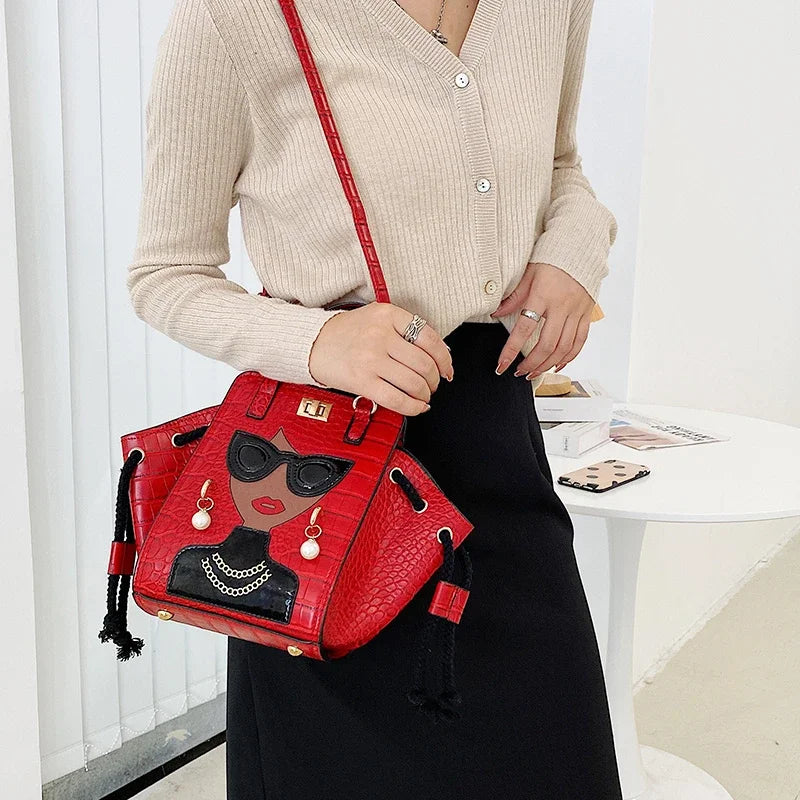 Cartoon Girl Handbag High Quality PU Leather Shoulder Bag for Women Pearl Crossbody Bag Designer Messenger Bag Female Satchel