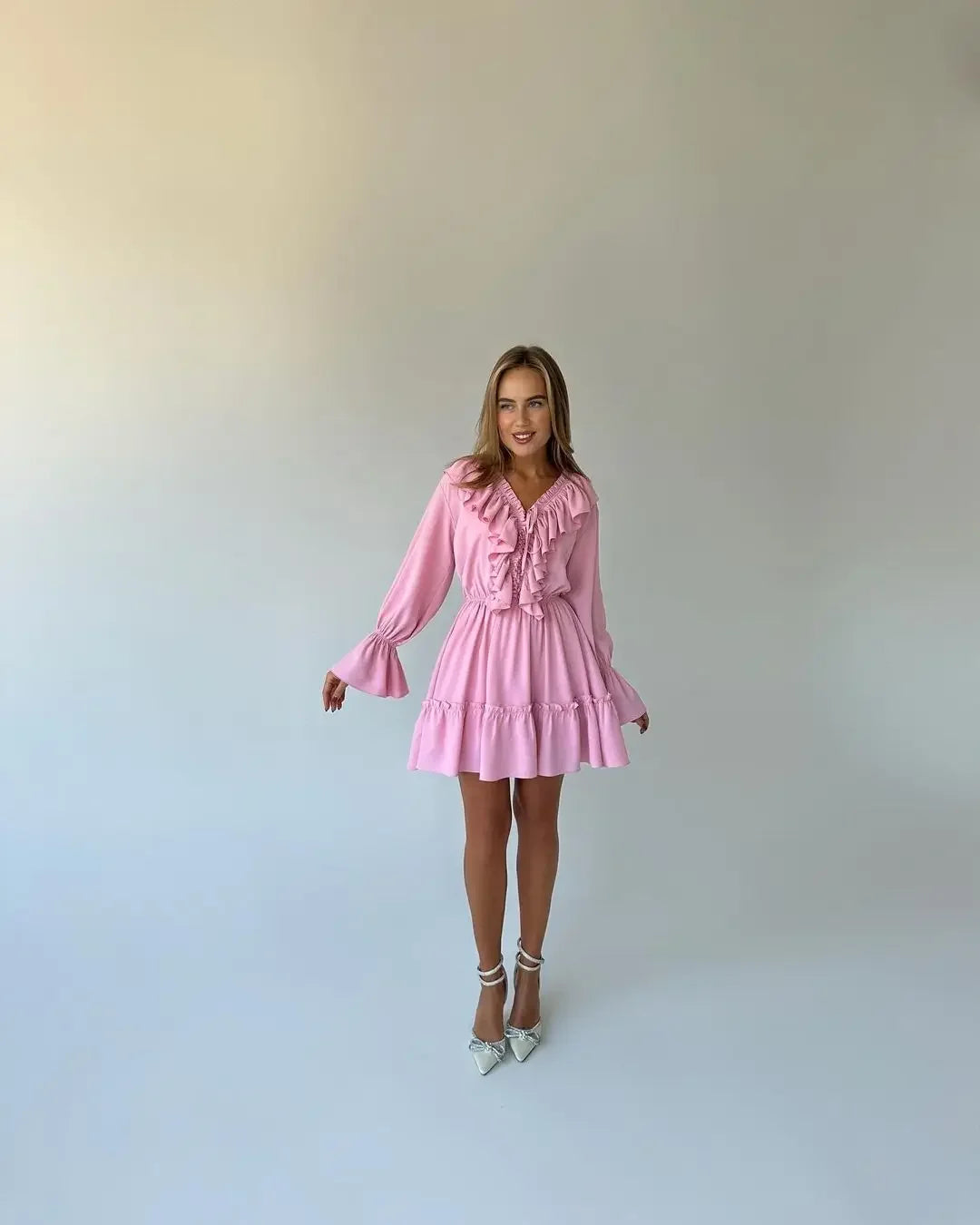 White Ruffle Bandage Mini Dress Women's Elegant Patchwork Long Sleeve Dress New Slim V Neck Lace Up Summer Mini Dress