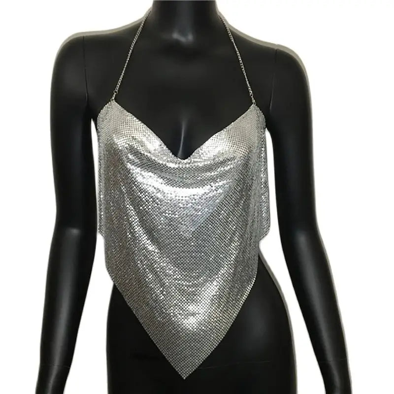 Women Solid Sequined Metal Camis Top 2025 Sexy Halter Backless V Strappy Party Nightclub Vest Cropped Tops