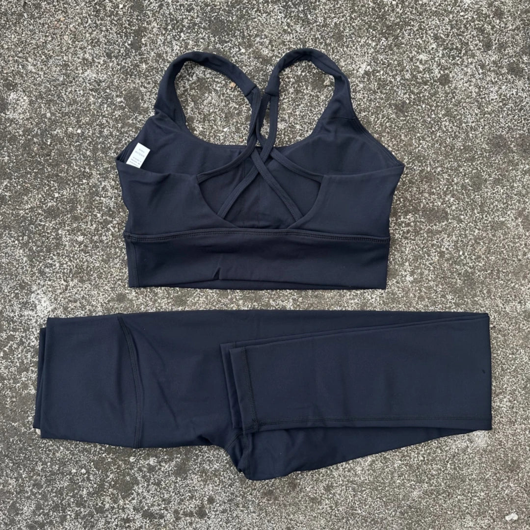 Solid Color Women Gym Yoga Set Shoulder Strap Cross Back Push Up Sport Bra High Waist Yoga Leggings 2pc Sportwear Workout Wear