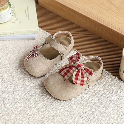 New Summer Kids Baotou Sandals 23-34 Size Sweet Checkered Bow Girls Princess Shoes Soft Sole Children Nude Shoes