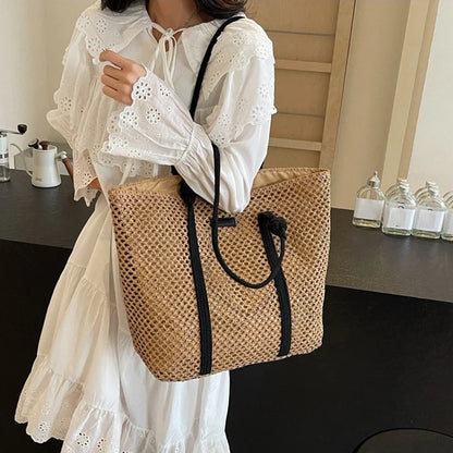 Bolsa Sacola de Palha Tecida de Verão Bolsa de Ombro Feminina Casual de Praia para Férias Bolsas Femininas de Grande Capacidade Cor Sólida