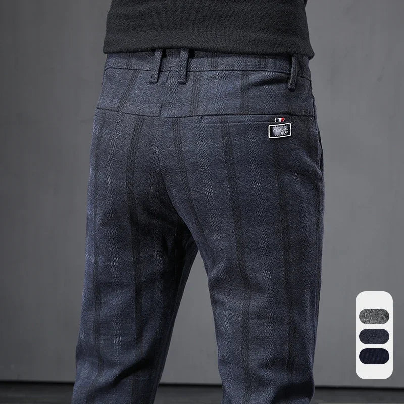 Autumn Men's Brushed Plaid Casual Pants Korean Style Gray Elastic Straight Slim Fit Fashionable Work Pants Blue and Black Male