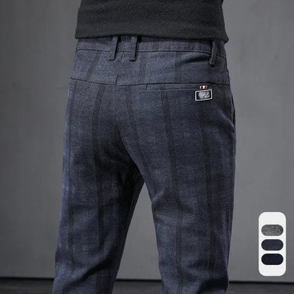 Autumn Men's Brushed Plaid Casual Pants Korean Style Gray Elastic Straight Slim Fit Fashionable Work Pants Blue and Black Male