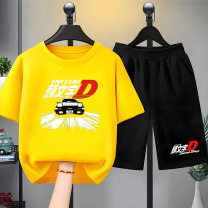 Children T-shirt+Shorts Japanese manga racing car Fashion Print Boy Girl Toddler 3-12Yrs Short-Sleeved Set refreshing Summer