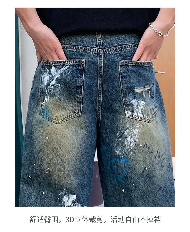 New street graffiti ripped painted jeans for men, straight-leg, loose, wide-leg, trendy brand, stylish high-end