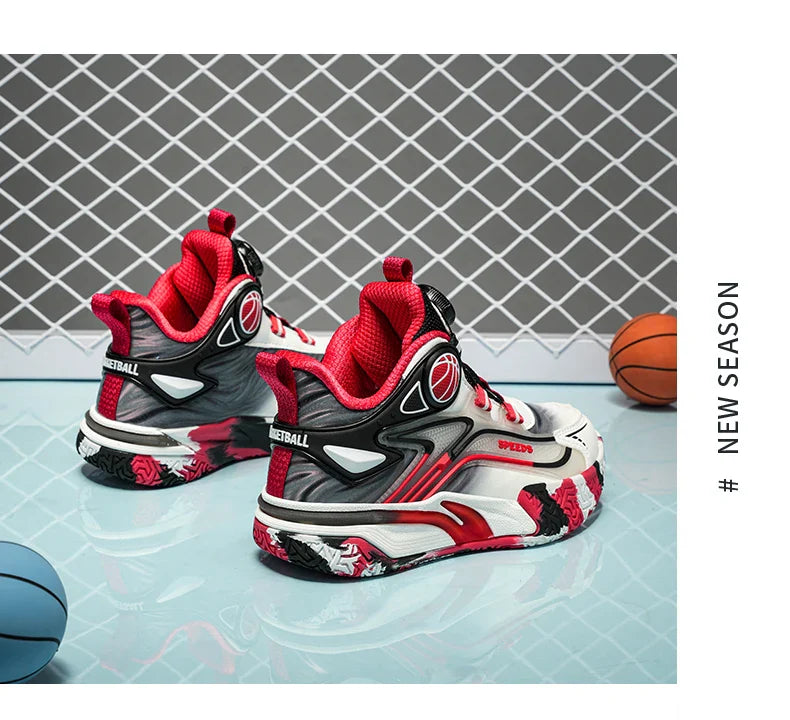 Children's basketball shoes boys' waterproof leather surface rotating buckle anti-slip and shock-absorbing student sports shoes