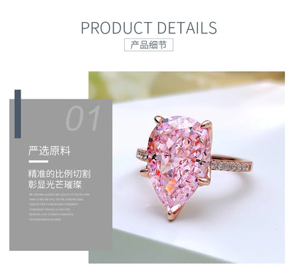 Fashionable, niche, high-end,versatile 925 sterling silver droplet pink diamond ring inlaid with high carbon diamond temperament