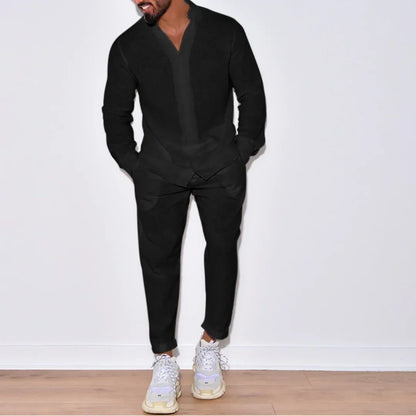 Autumn men's new fashion solid color suit cotton cardigan lapel long sleeve pants suit