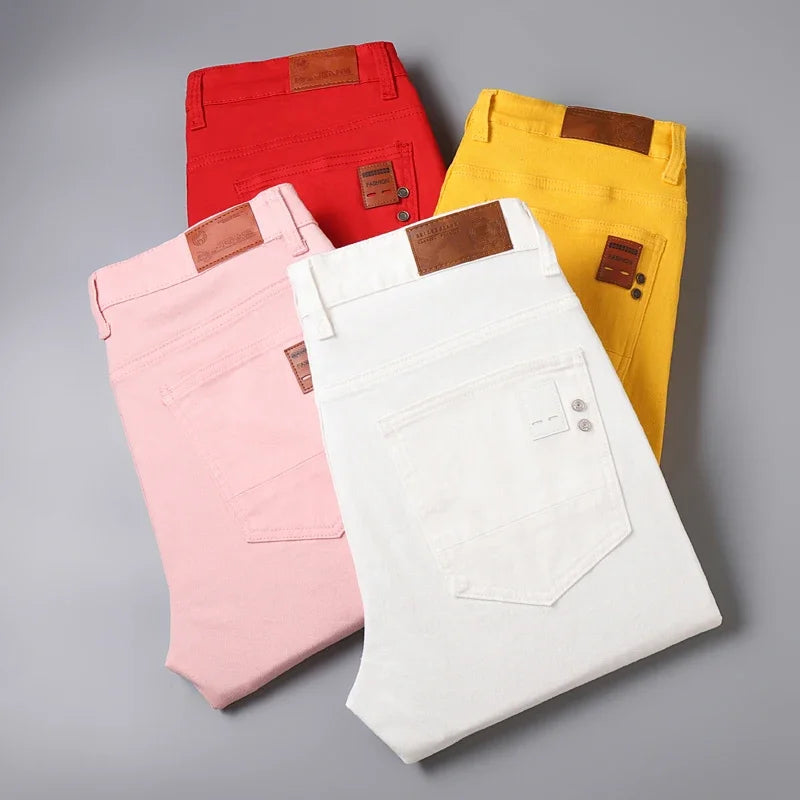 Calça Jeans Masculina Slim Elástica Colorida Estilo Coreano Primavera Outono Macia Confortável Casual Reta Denim Streetwear