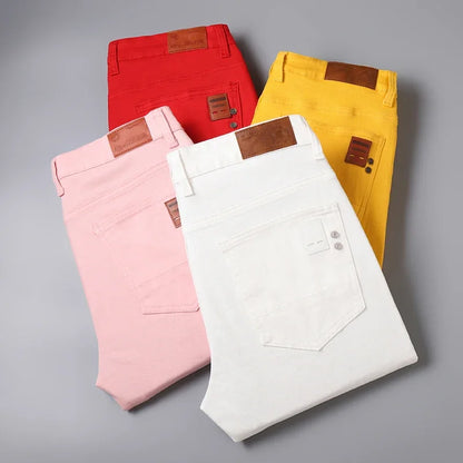Calça Jeans Masculina Slim Elástica Colorida Estilo Coreano Primavera Outono Macia Confortável Casual Reta Denim Streetwear