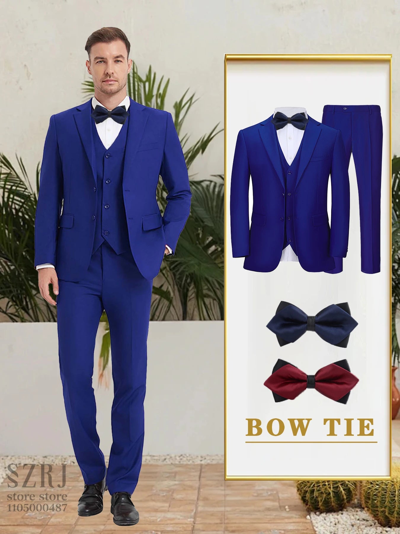 Men's 5-Piece Business Suit Set: Jacket+Vest+Pants+2 Bow Ties (Red+Blue).Premium, Tailored， For Parties, Weddings, Business.