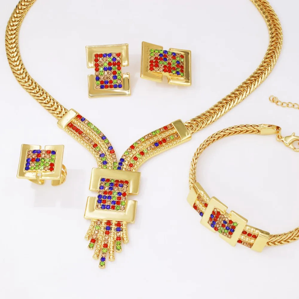 Gold Plated Jewelry Set African Dubai Nigeria Charm Necklace Bracelet Earring Ring For Women 2025 New Banquet Jewellry