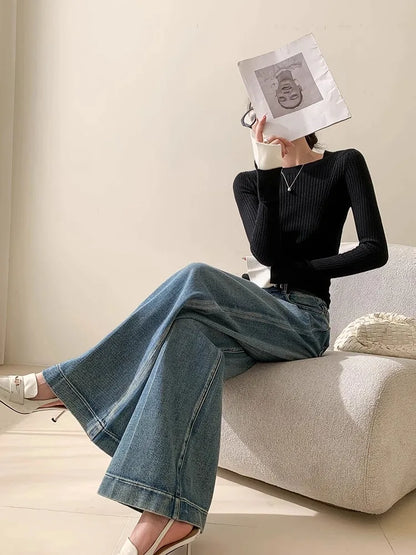 Blue Washed Casual Jeans Women'S New Straight Leg Loose Wide Leg Pants