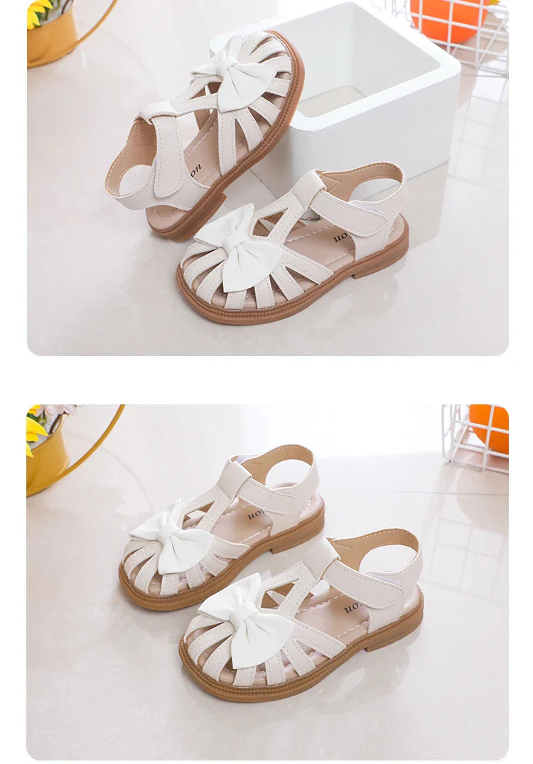 Cute Girls Sandals Bow Peep-toe 2023 New Soft Hook & Loop Beige Kids Princess Shoes Casual Shoes PU Cute Children Shoes Non-slip