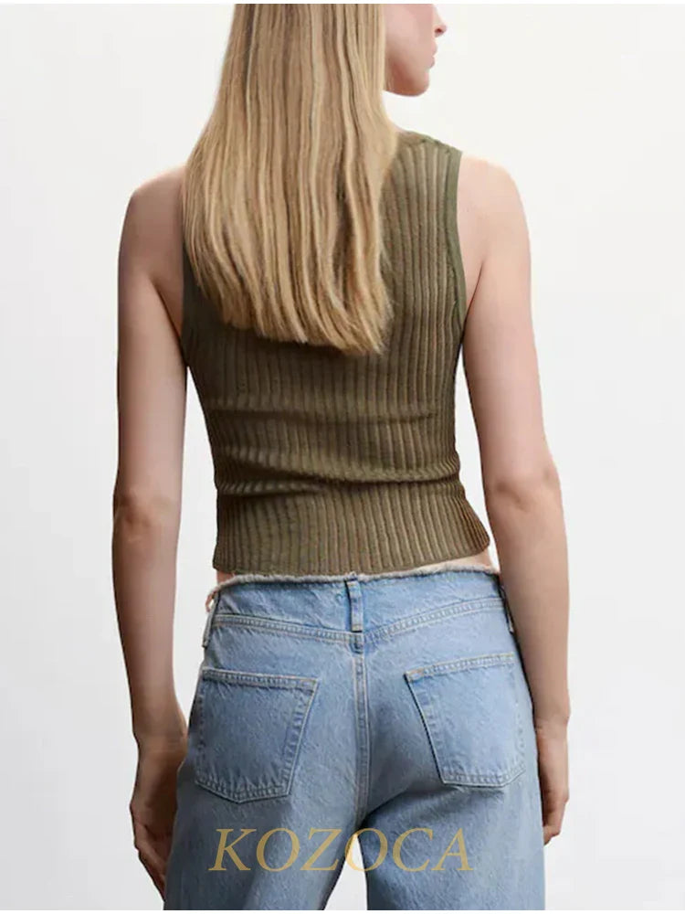 100% Wool Chic Solid Tanks Elegant Striped See Through Hollow Out Women Tops Sleeveless Elastic Tops Club Party Clothes