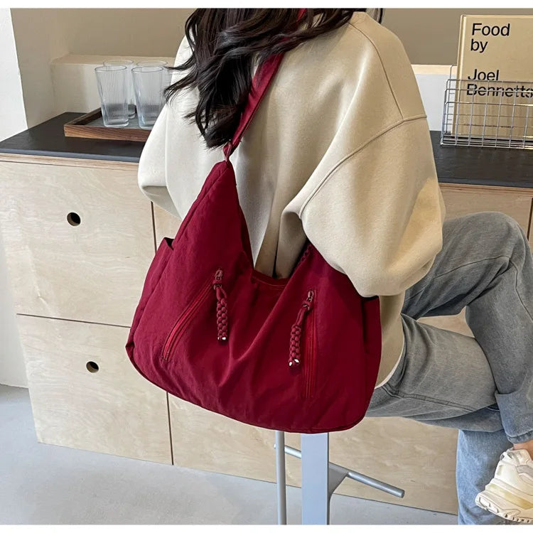 Summer Women Solid Color Shoulder Bag Fashion Lightweight Versatile Travel Crossbody Bag Commuter Nylon Large Capacity Hobo Bag