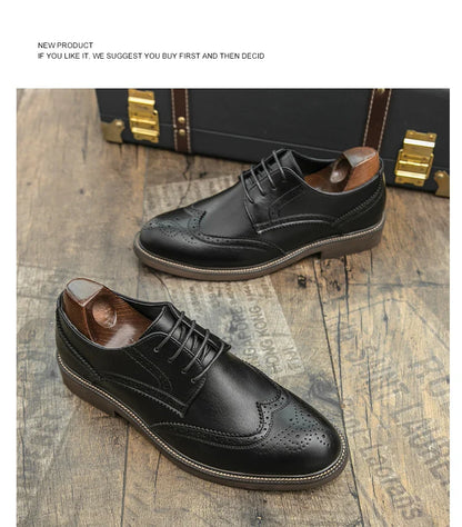 Retro leather shoes - men's brook engraved lace-up British business formal soft-soled fashionable casual trendy shoes