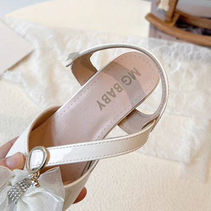 Girls Sandals Fashion Bow Girls High Heels Pink Kid Non-slip Princess Performance Shoes 3-18 Years Old Children's Leather Shoes
