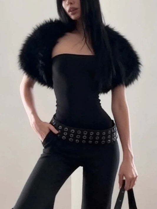 Trend Classic 2-Piece Set Women Sexy Furry Shawl+Sleeveless Tank Top Fashion Party Club Stretch Skinny Activi Outfits