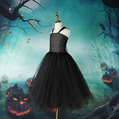 Halloween Maleficent Costume for Girls Evil Queen Dress Up Costumes Witch Devil Black Mesh Princess Dress Cosplay