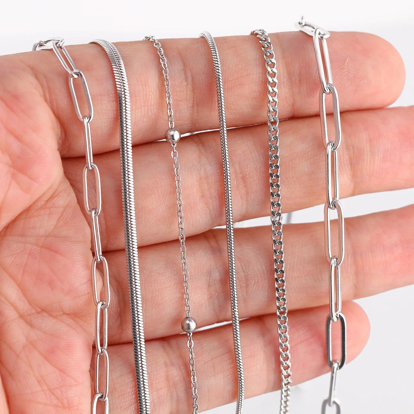5Pcs/Lot Stainless Steel Bead Rope Link/Cuban/Paperclip Links Snake Chain Necklace Diy Women Jewelry 18K Gold Color Neck Chains