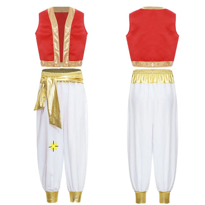 Boys Arabian Costume Arabian Prince Cosplay Dress Up Vest Waistcoat Harem Pants Suit for Halloween Carnival Stage Performance