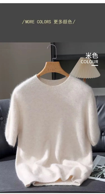 Men's Sweater Pullover Short Sleeved Summer Mink Knit Sweater Loose Round Neck Solid Color Half Sleeved Simple T-Shirt Casualtop