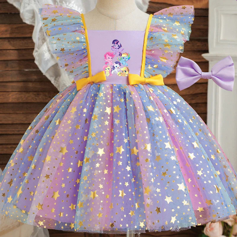 Vestido de Princesa My Little Pony para Meninas Lantejoulas Estrela Babados Laço Tutu Roupa Formal de Bebê Baile Gala Fantasia Infantil para Festas