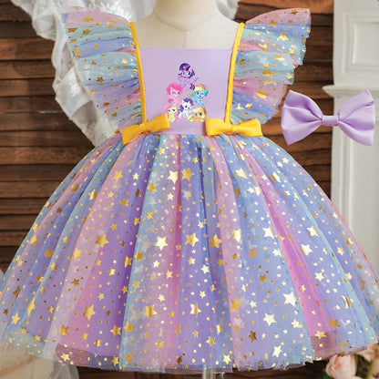 Vestido de Princesa My Little Pony para Meninas Lantejoulas Estrela Babados Laço Tutu Roupa Formal de Bebê Baile Gala Fantasia Infantil para Festas
