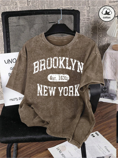 Brooklyn Est 1631 New York Prints Washed T-Shirt Mens Cotton Oversized T Shirts Casual Distressed O-Neck Tops Summer Male Tees