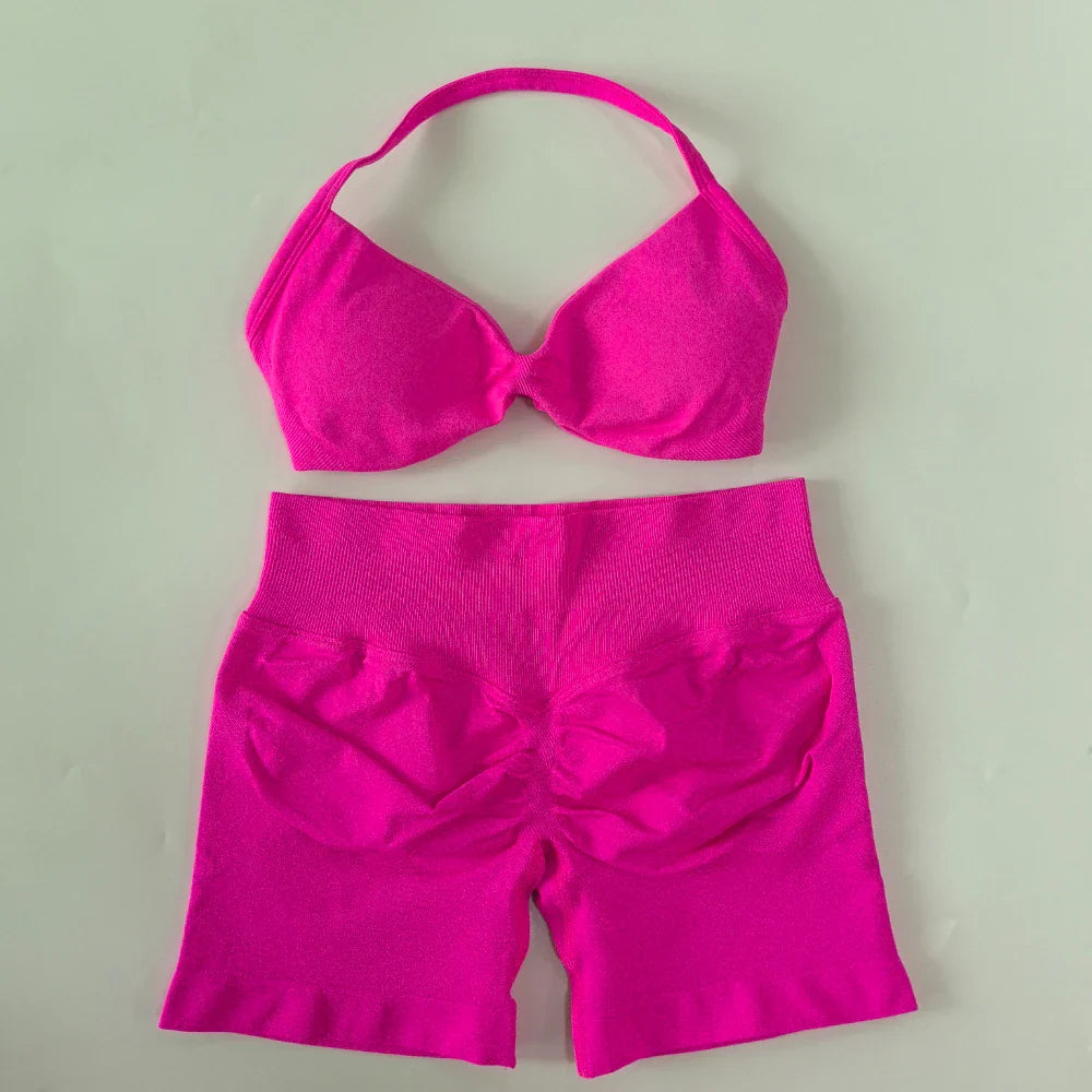 NO LOGO 2PCS Gym Set Women Strappy Yoga Bra Top High Waist Workout Scrunch Shorts Sports Suit Seamless Yoga Set Fitness Clothes