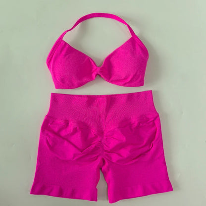 NO LOGO 2PCS Gym Set Women Strappy Yoga Bra Top High Waist Workout Scrunch Shorts Sports Suit Seamless Yoga Set Fitness Clothes